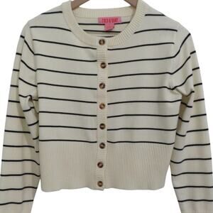 Coco & Shay Women s Sz XL Cream Navy Striped Button Front Cropped Sweater